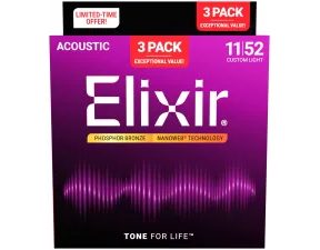 Elixir Nanoweb - Phosphor Bronze - Custom Light - 3-Pack / .011 - .052 / - struny na akustickou kytaru - 3ks
