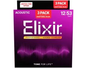 Elixir Nanoweb - Phosphor Bronze - Light - 3-Pack / .012 - .053 / - struny na akustickou kytaru - 3ks