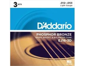 D'Addario EJ16-3D - Phosphor Bronze 3 Packs - .012 -.053 - struny na akustickou kytaru - 3ks