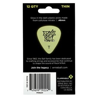 9224 Ernie Ball Super Glow Thin 0.46mm Cellulose Pick  -  svítící, tenké, celuloidové trsátko - 12ks