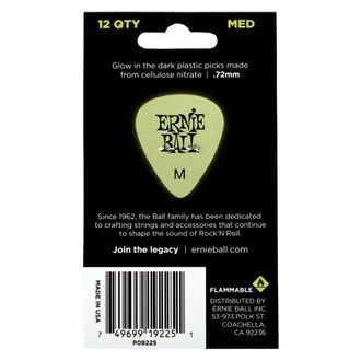9225 Ernie Ball Super Glow Medium 0.72mm Cellulose Pick -  svítící, medium, celuloidové trsátko - 12ks