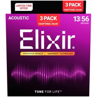 Elixir Nanoweb - Phosphor Bronze- Medium - 3-Pack / .013 - .056 / - struny na akustickou kytaru - 3ks