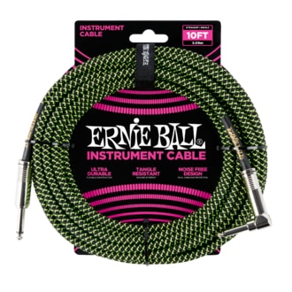 6077 Ernie Ball 10' Braided Straight / Angle Instrument Cable - Black / Green - nástrojový kabel 3m