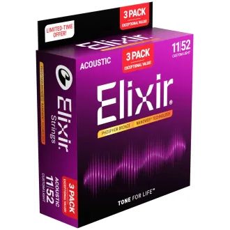 Elixir Nanoweb - Phosphor Bronze - Custom Light - 3-Pack / .011 - .052 / - struny na akustickou kytaru - 3ks