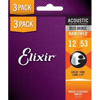 Elixir Nanoweb 80/20 Bronze Light 3-Pack / 12 - 53 / - struny na akustickou kytaru - 3ks