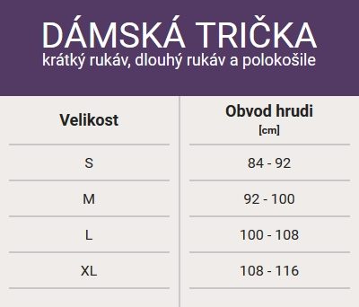 Dámská trička - tabulka velikostí