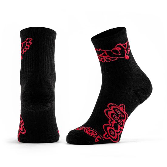 Dámské ponožky FLOWER s Merino vlnou černé s růžovým