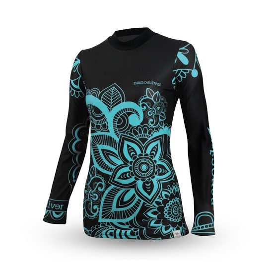 Dámské termo tričko nanosilver FLOWER s palečníky se stříbrem modré