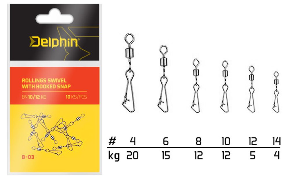 Fotografie Delphin Karabinka s obratlíkem Rollings Swivel with Hooked Snap B-03 10ks - Velikost 14/4kg