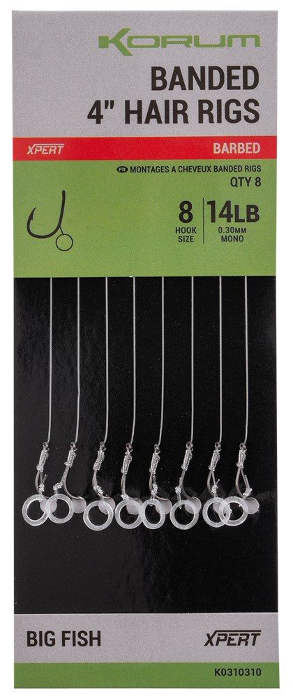 Fotografie Korum Hotové návazce Banded Hair Rigs 4" 8ks - Vel.12 / 0,28mm 12lb