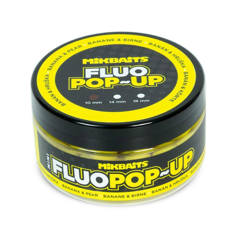 E-shop Mikbaits Plovoucí fluo boilie 14mm 150ml - Banán a Hruška 14mm