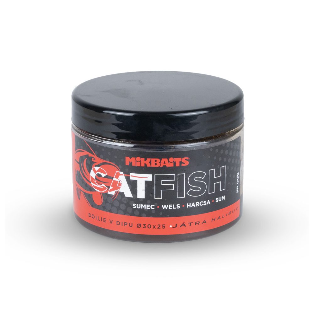 Mikbaits Boilie v dipu Catfish sumec Játra Halibut 500ml - 50x30mm,Mikbaits Boilie v dipu Catfish sumec Játra Halibut 500ml - 50x30mm