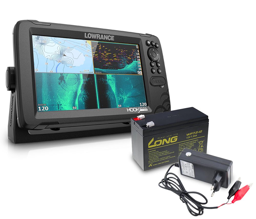 Lowrance Echolot Hook Reveal 9 se Sondou Tripleshot na vertikální přívlač + baterie + nab�je?ka ZDARMA