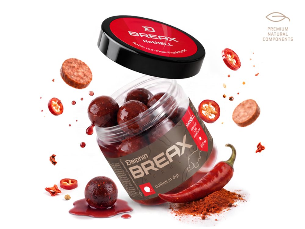 Delphin Boilies v dipu BreaX/HotHELL Robin red-Chilli-Fr.Klobása 200ml - 24mm
