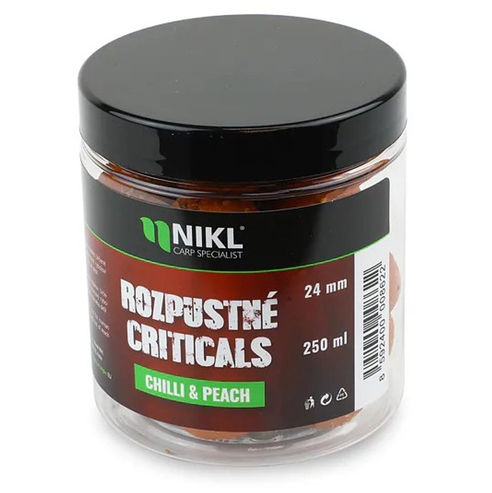 Nikl Rozpustné Criticals boilie Chilli & Peach 250ml - 24mm,Nikl Rozpustné Criticals boilie Chilli & Peach 250ml - 24mm