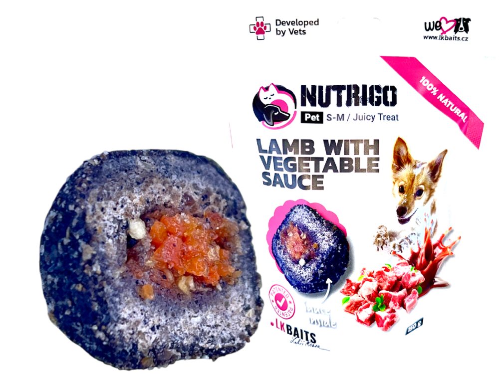 LK Baits Pet Pamlsek Nutrigo Dog Jehněčí se zeleninovou omáčkou - S-M 150g,LK Baits Pet Pamlsek Nutrigo Dog Jehněčí se zeleninovou omáčkou - S-M 150g