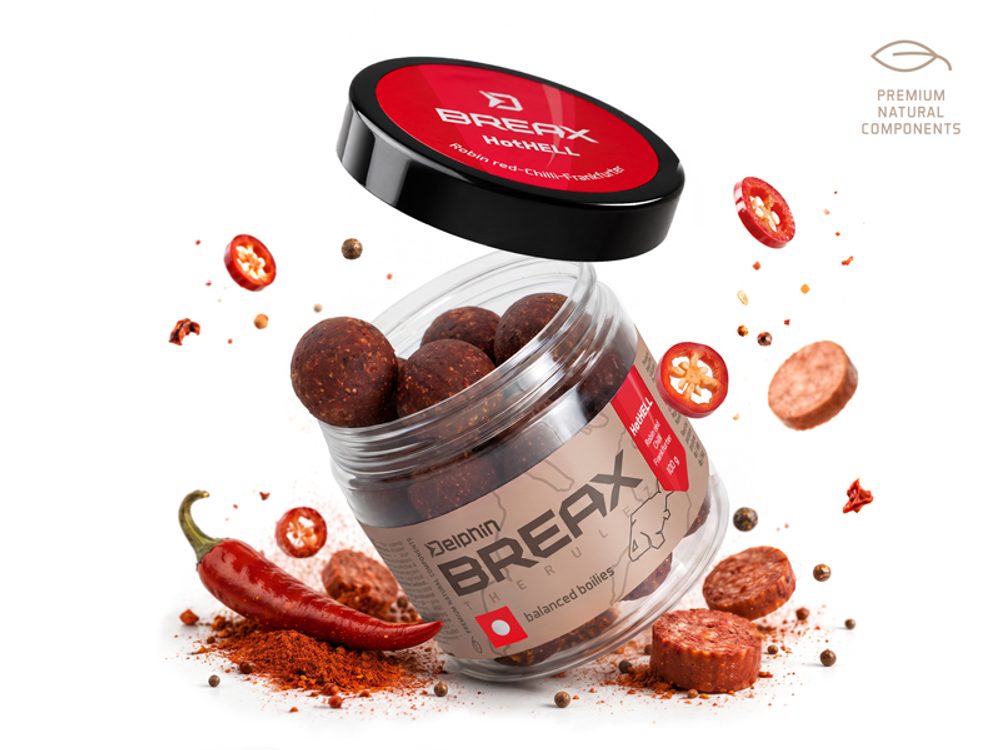 Delphin Vyvážené boilies BreaX/HotHELL Robin red-Chilli-Fr.Klobása 100g,Delphin Vyvážené boilies Bre...