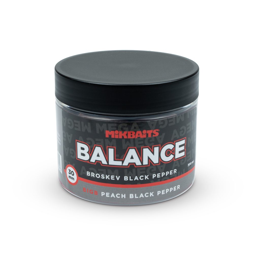 Fotografie Mikbaits Boilies Mega Balance 30mm 300ml - BigB Broskev Pepř