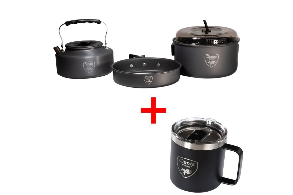 Giants fishing Akční set Sada nádobí s konvičkou + Nerezový thermo hrnek 400ml