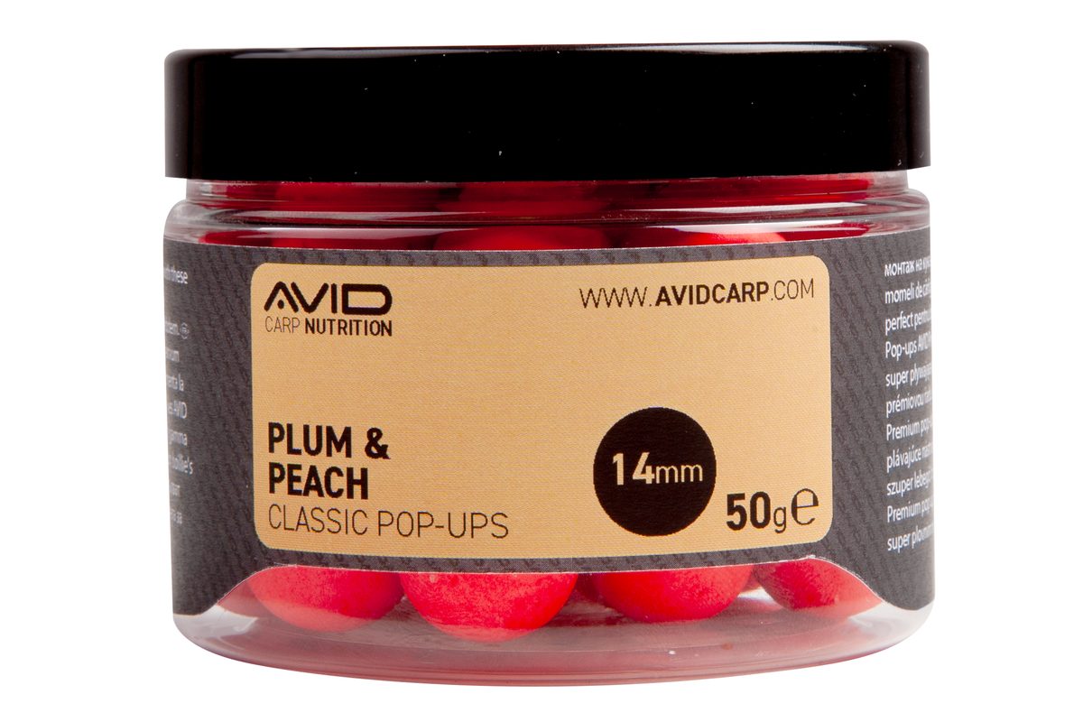 Avid Plovoucí boilie Classic Pop-Ups Plum & Peach 14mm 50g