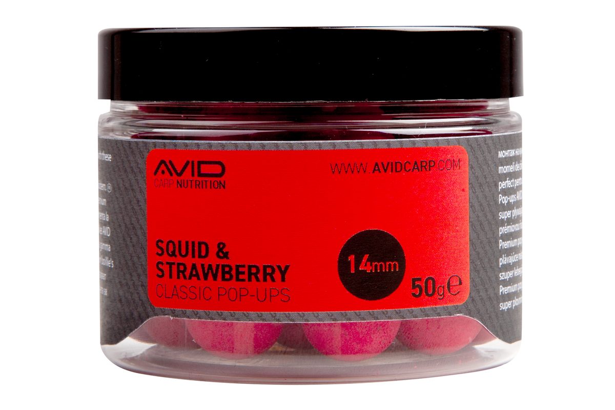 Avid Plovoucí boilie Classic Pop-Up Squid & Strawberry 14mm 50g