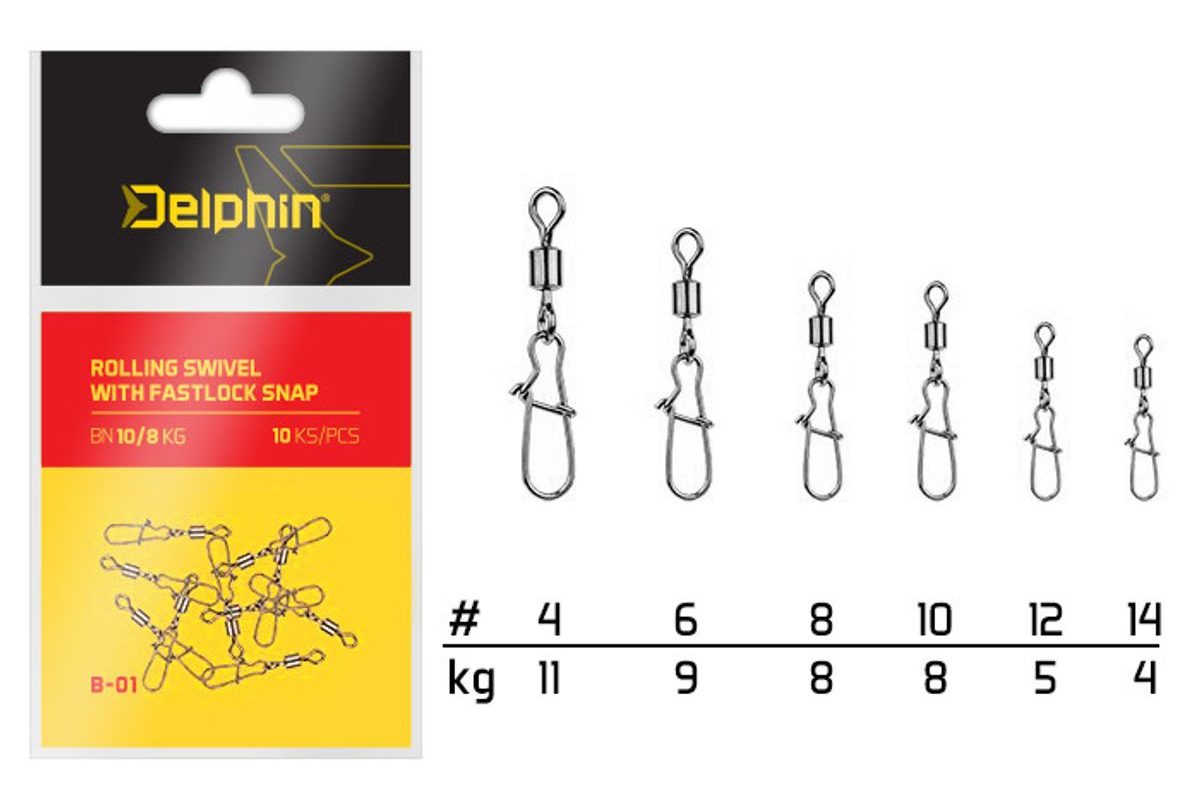 Delphin Karabinka s obratlíkem Rolling Swivel with Fastlock Snap B-01 10ks