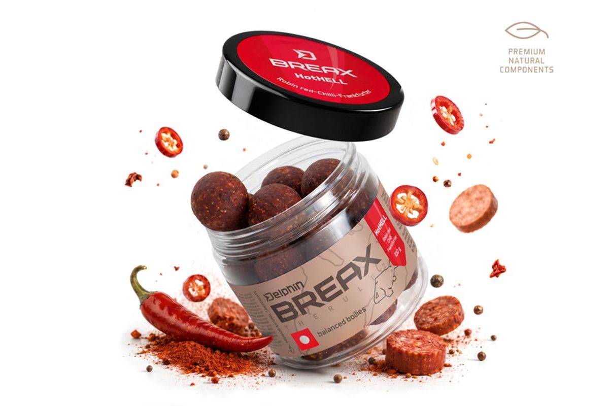 Delphin Vyvážené boilies BreaX/HotHELL Robin red-Chilli-Fr.Klobása 100g