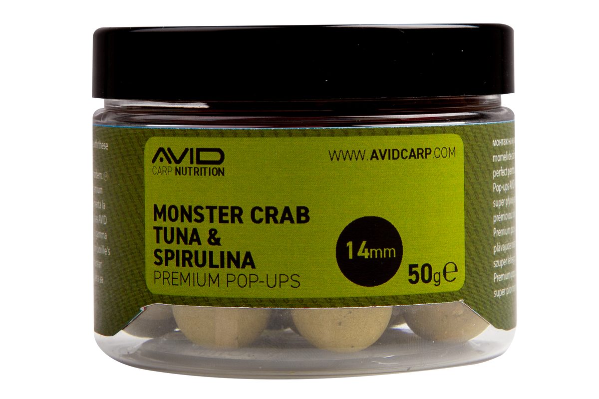 Avid Plovoucí boilie Premium Pop-Ups Monster Crab-Tuna & Spirulina 14mm 50g