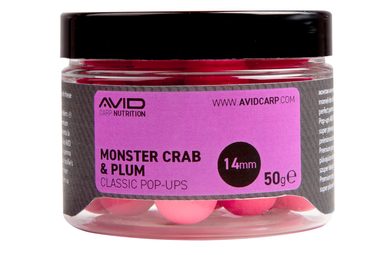 Avid Plovoucí boilie Classic Pop-Ups Monster Crab & Plum 14mm 50g