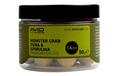 Avid Plávajúce boilies Premium Pop-Ups Monster Crab-Tuna & Spirulina 14mm 50g
