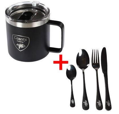 Giants fishing Akčný set Nerezový thermo hrnček 400ml + Sada nerezových príborov