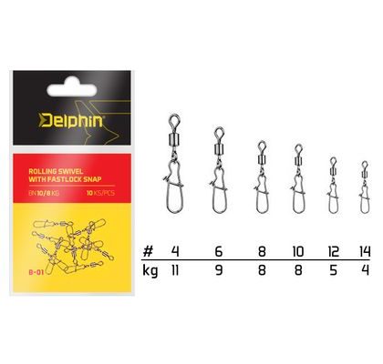 Delphin Karabínka s obratlíkom Rolling Swivel with Fastlock Snap B-01 10ks