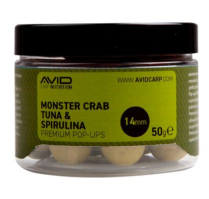 Avid Plávajúce boilies Premium Pop-Ups Monster Crab-Tuna & Spirulina 14mm 50g