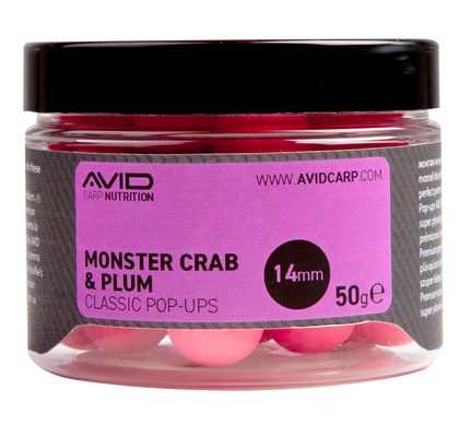 Avid Plávajúce boilies Classic Pop-Ups Monster Crab & Slivka 14mm 50g