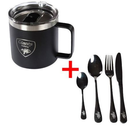 Giants fishing Akční set Nerezový thermo hrnek 400ml + Sada nerezových příborů
