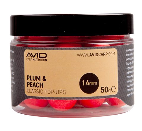 Avid Plovoucí boilie Classic Pop-Ups Plum & Peach 14mm 50g