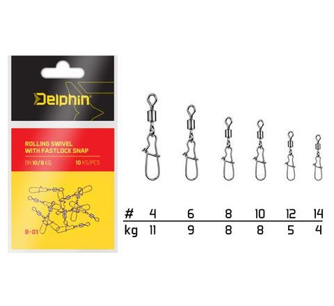 Delphin Karabinka s obratlíkem Rolling Swivel with Fastlock Snap B-01 10ks