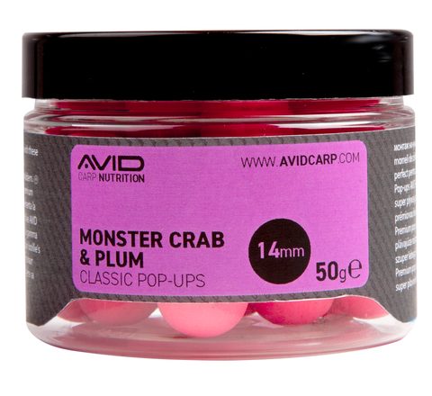 Avid Plovoucí boilie Classic Pop-Ups Monster Crab & Plum 14mm 50g