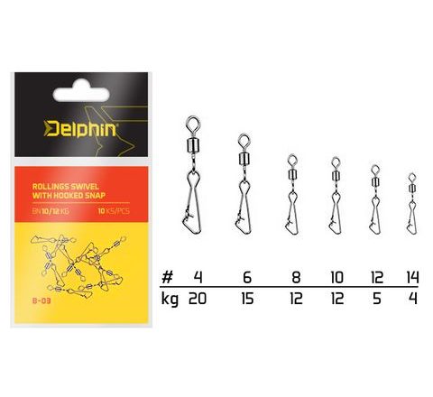 Delphin Karabinka s obratlíkem Rollings Swivel with Hooked Snap B-03 10ks