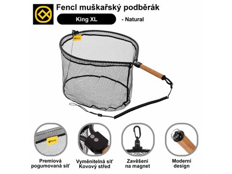 Fencl Muškařský podběrák King XL Natur s pogumovanou sítí a magnetem