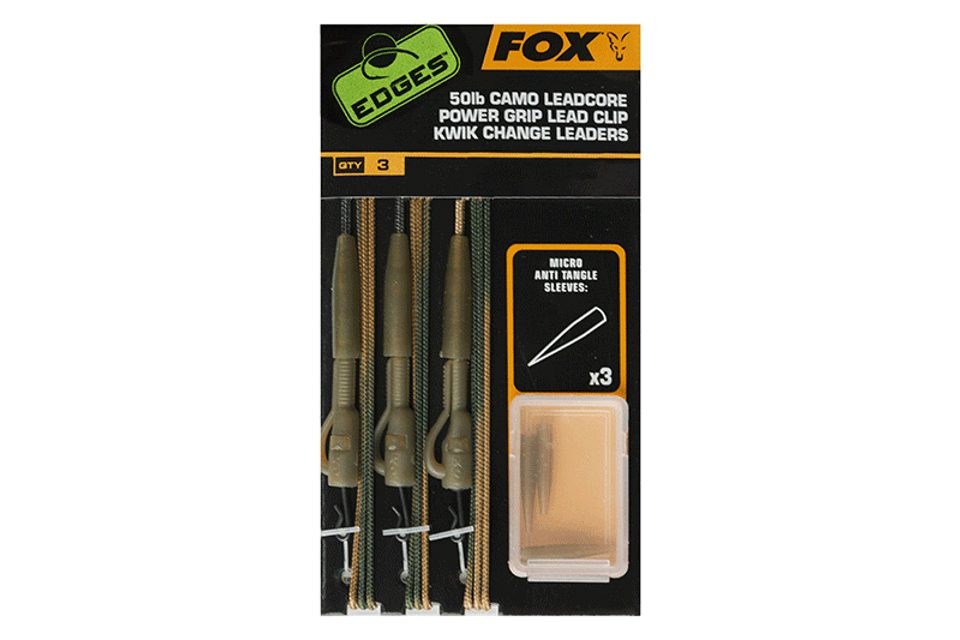 Fox Montáže 50lb Camo Leadcore Power Grip Lead Clip Kwik Change Leaders 3ks