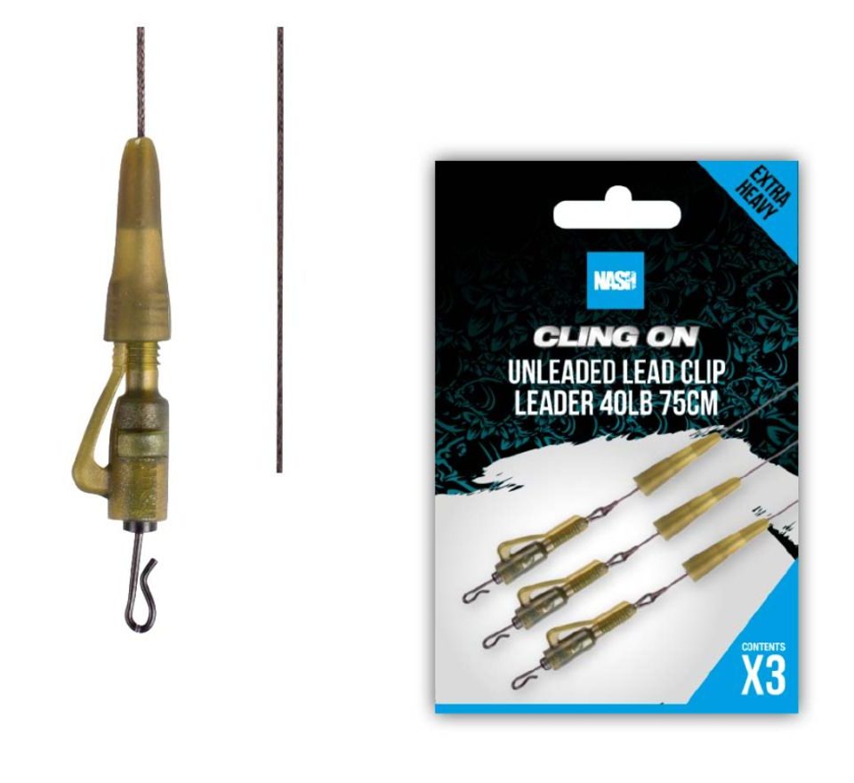 Nash Montáž Cling On Unleaded Lead Clip Leader 40lb 75cm 3ks
