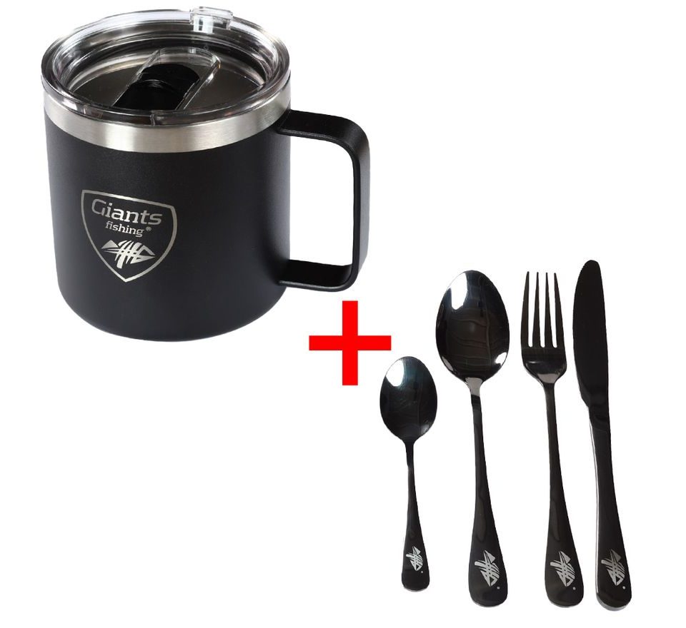 Giants fishing Akční set Nerezový thermo hrnek 400ml + Sada nerezových příborů