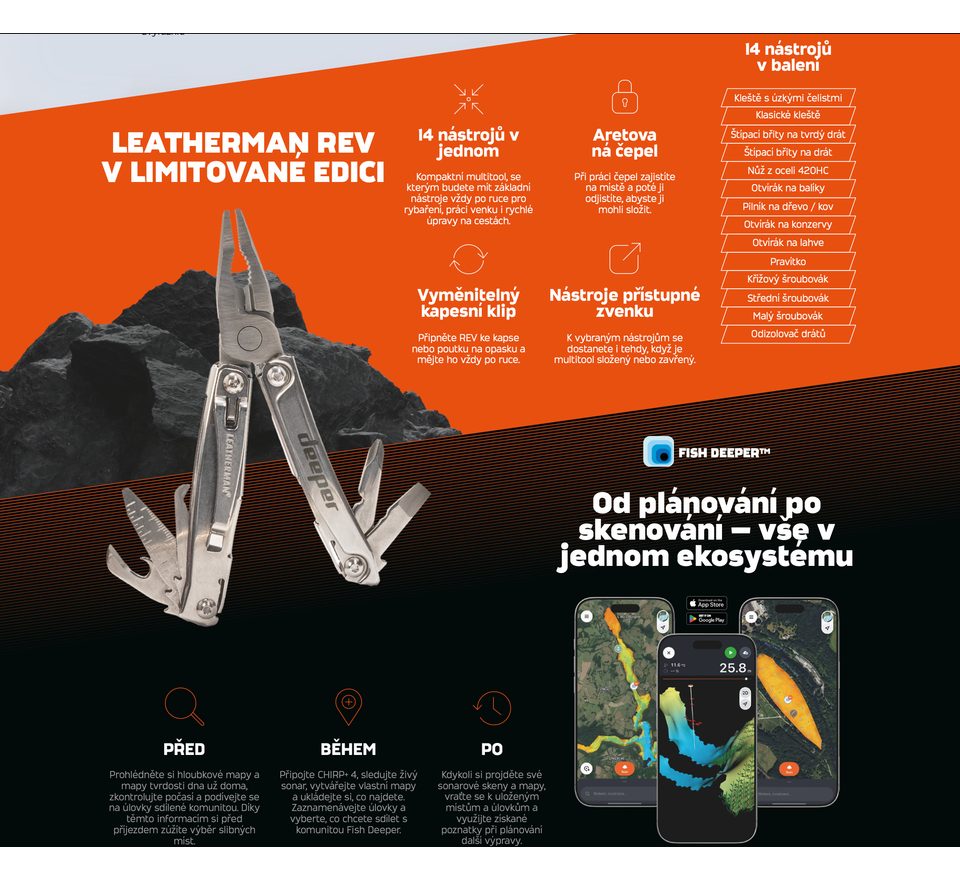 Deeper Adventure Bundle Nahazovací Sonar Deeper CHIRP+ 4 + Multifunkční kleště Leatherman Rev