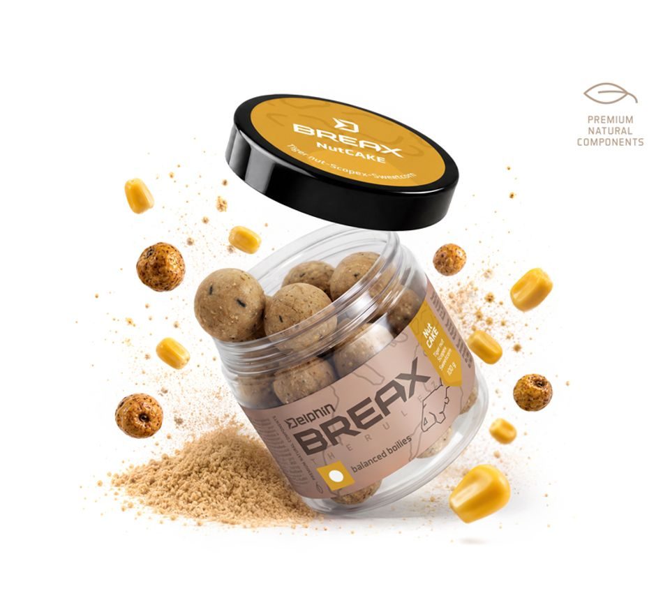 Delphin Vyvážené boilies BreaX/NutCAKE Tygří ořech-Scopex-Kukuřice 100g