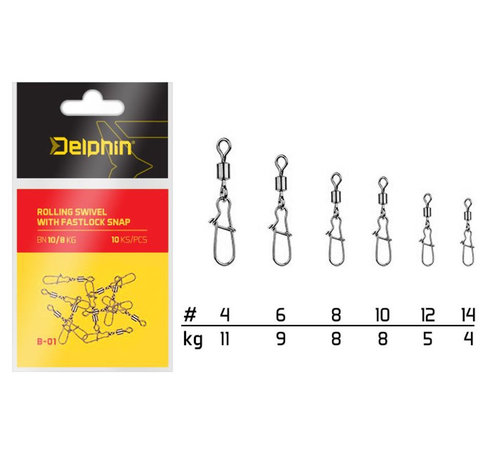 Delphin Karabinka s obratlíkem Rolling Swivel with Fastlock Snap B-01 10ks