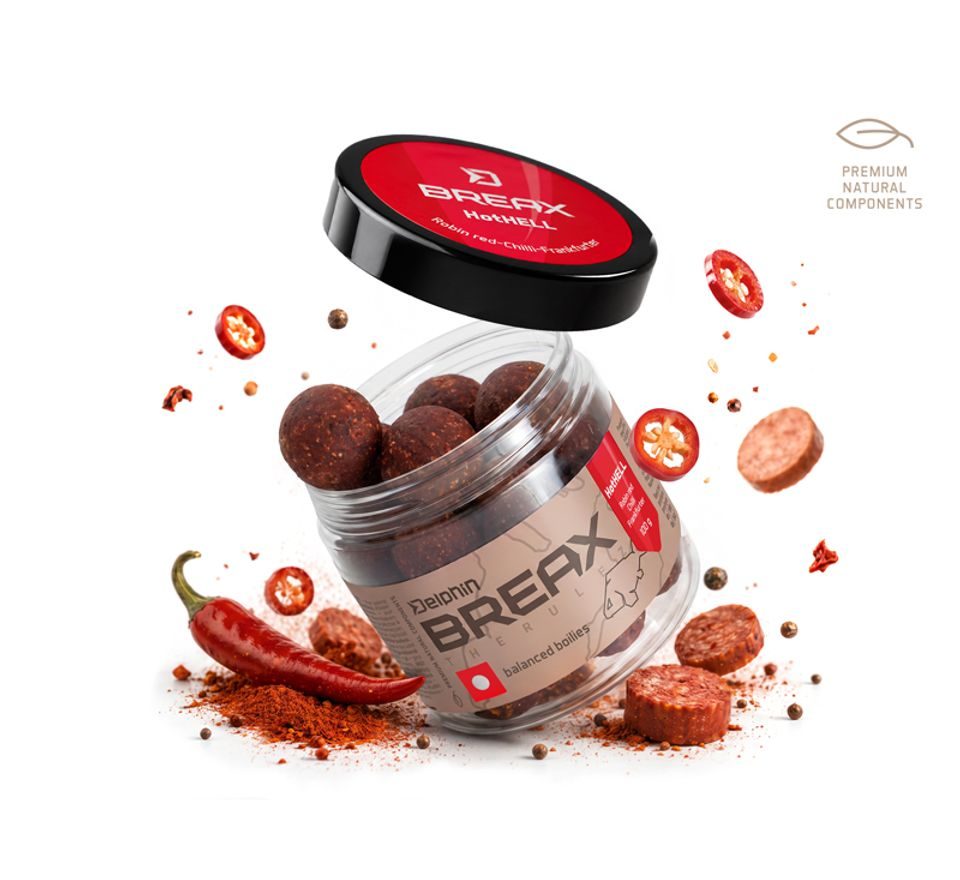 Delphin Vyvážené boilies BreaX/HotHELL Robin red-Chilli-Fr.Klobása 100g