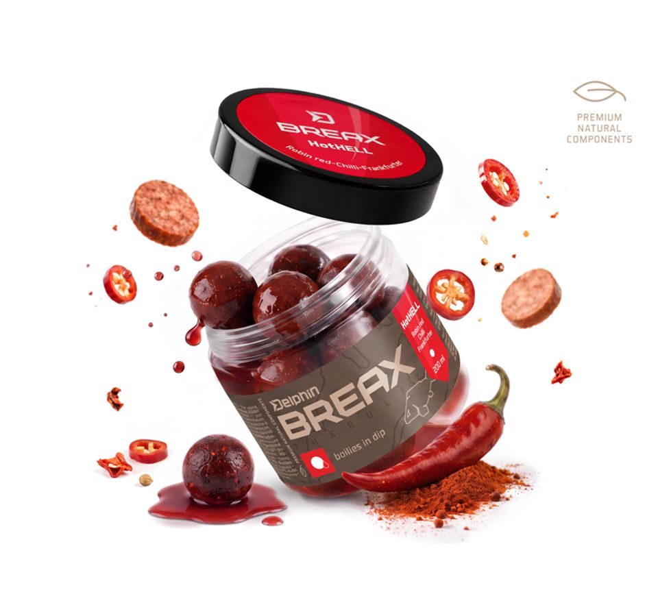 Delphin Boilies v dipe BreaX/HotHELL Robin red-Chilli-Fr.Klobása 200ml