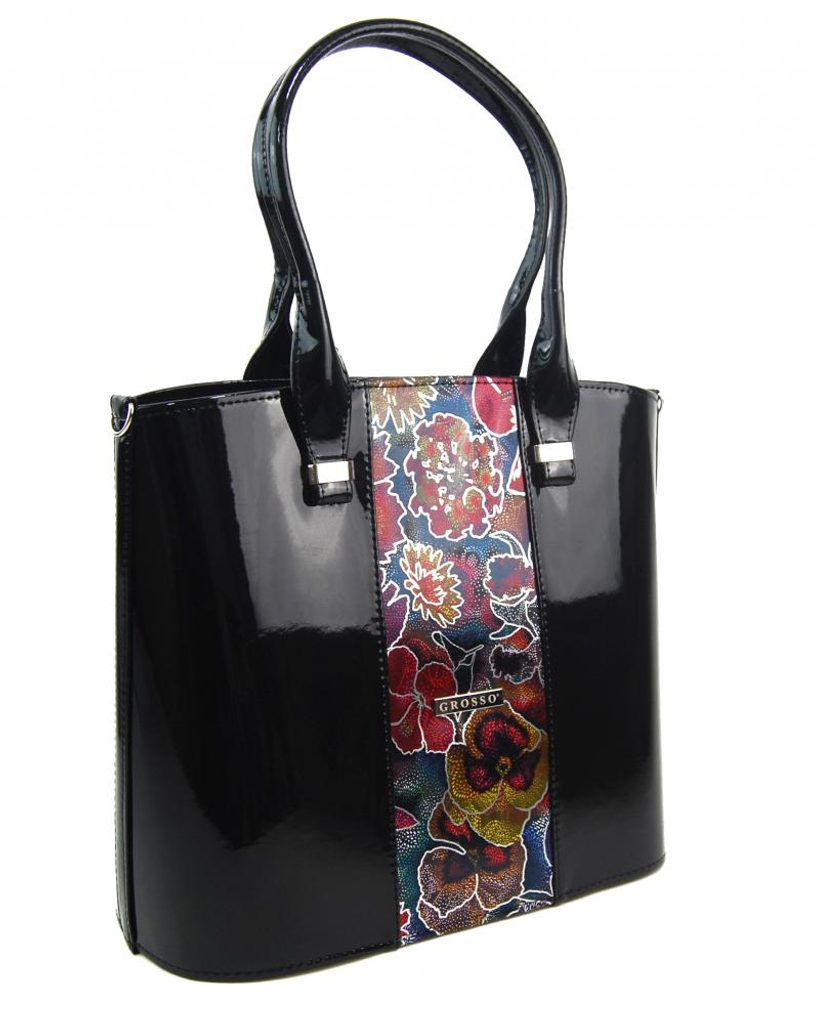 Luxusní velká dámská kabelka černý lak s barevnými kvítky S528 GROSSO |  Peknydarek.cz