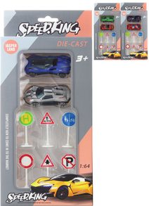 Auto závodní kovové 1:64 set 2ks s dopravními značkami 3 druhy